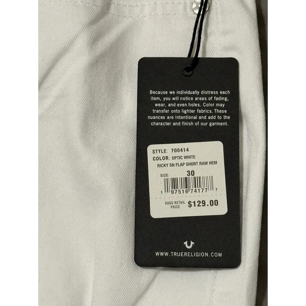 NWT $128‎  True Religion RICKY SN Relaxed Size 30 White Straight Shorts Raw Hem